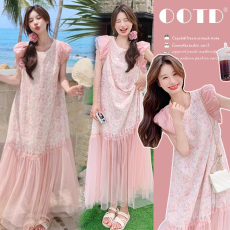 批发多巴胺网纱拼接粉色连衣裙女夏高级感气质绝美超仙<b class='q'>孕妇</b><b class='q'>连衣裙</b>