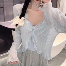 批发天猫抖音质量蕾丝边v领针织开衫防晒<b class='q'>外套女</b>夏季外搭吊带冰丝上衣