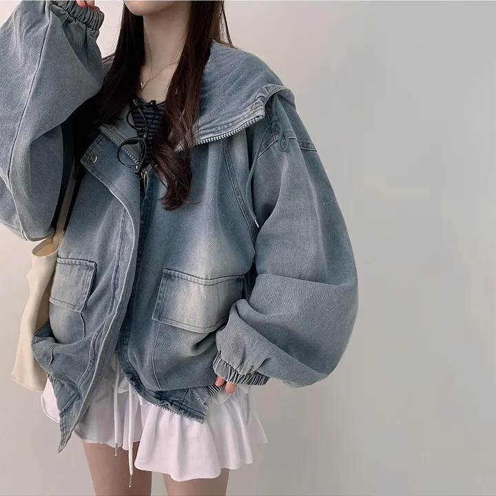 있음 선적 워시 물 표백 루즈핏 대 에디션 데님 후드 여성 코트