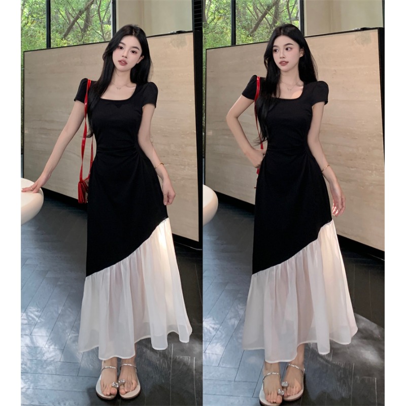 MY1836# 法式短袖连衣裙女夏季收腰显瘦拼接长裙赫本风撞色裙子 女裝貨源服裝批發
