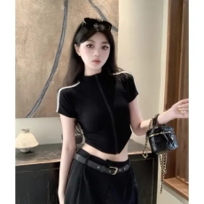 批发满天星 已出货 罗纹 美式运动拉链短袖t恤女夏短款小上衣