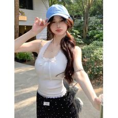 批发满天星 已出货 罗纹 辣妹挂脖小吊带夏季新款纯欲美背上衣