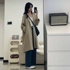 批发卡其色中长款连帽风衣外套女春装大码胖mm高级宽松百搭英伦风大衣