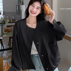 批发2026年早新款设计感下摆抽绳棒球服<b class='q'>皮衣</b>外套女宽松休闲<b class='q'>机车</b>夹克