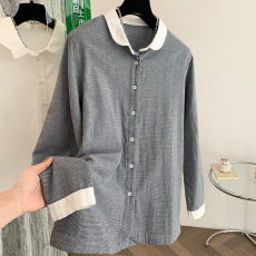 批发2025实拍双层纱纯棉拼接领<b class='q'>婴儿</b>纯棉格子衬衣白领子衬衫女装