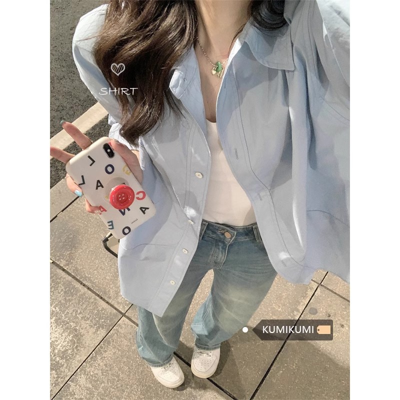 파란색 고급 센스 품격 긴팔 셔츠 재킷 여성 의류 가을 느긋한 바람 루즈핏 캐주얼 자외선 차단 셔츠 맨위