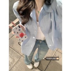 批发蓝色高级感气质长袖<b class='q'>衬衣</b><b class='q'>外套</b>女装秋季慵懒风宽松休闲防晒<b class='q'>衬衫</b>上衣