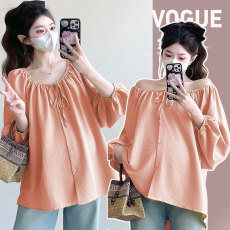 批发实拍 2026春季新款简约圆领系带宽松型遮肉开衫衬衣上衣可哺乳