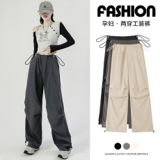 批发孕妇裤杏色工装裤2026新款夏季高腰阔腿休闲宽松降落伞登山<b class='q'>运动</b>裤