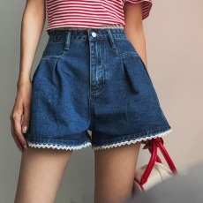 批发现 春高腰显瘦高腰做旧蕾丝边阔<b class='q'>腿</b>牛仔短<b class='q'>裤</b>