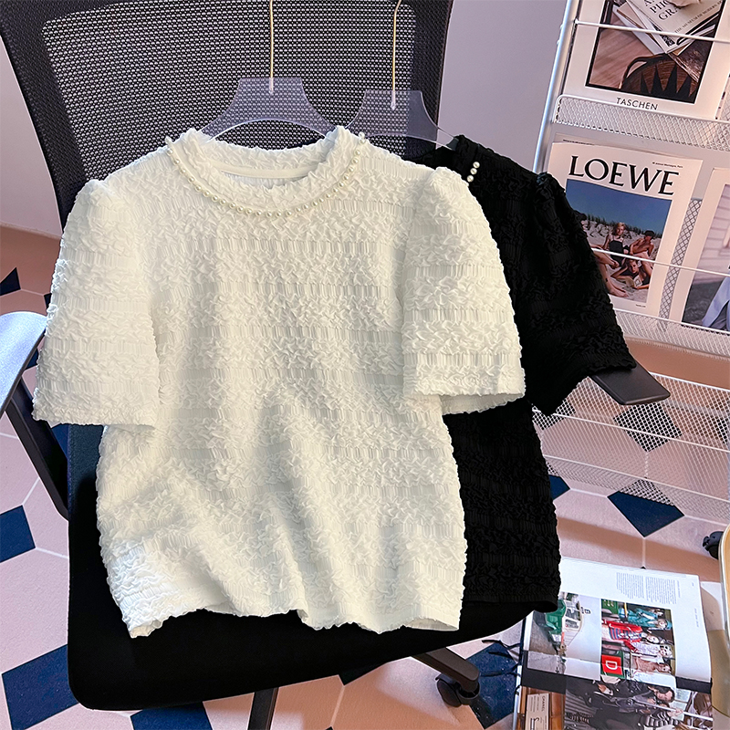 MY1811#  时尚休闲圆领甜美减龄重工订珠短袖上衣女女裝貨源服裝批發