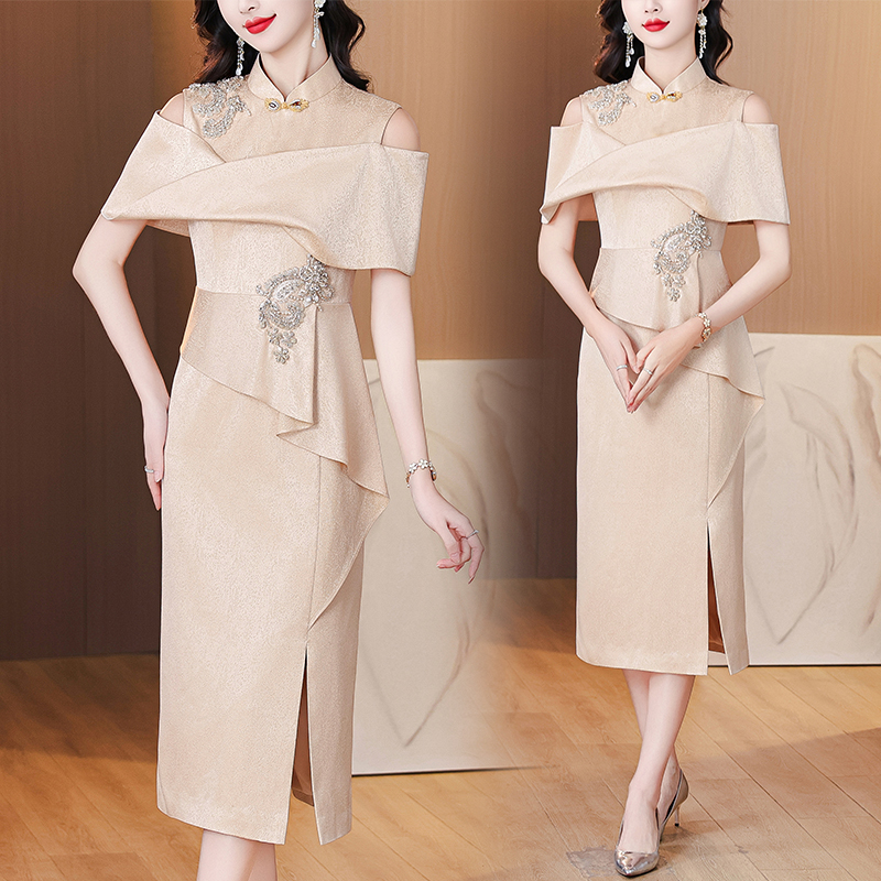 MY5451# 妈妈婚宴礼服新款气质优雅喜婆婆装年轻款旗袍女裝貨源服裝批發