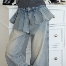 批发现 高腰显瘦百搭牛仔<b class='q'>长裤</b>荷叶边牛仔屁帘女