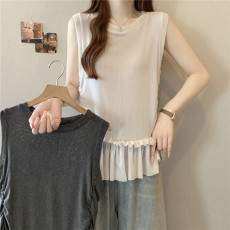 批发实拍大码法式褶皱拼接修身<b class='q'>塑</b>形透气<b class='q'>背心</b>T恤女夏胖mm遮肉显瘦上衣