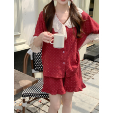 批发实拍可爱俏皮安哥拉红波点甜美少女短袖睡衣家居服套装可外穿