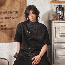 批发夏季新中式短袖衬衫男女高级感提花国风蝴蝶扣设计感宽松上衣潮流