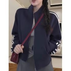 批发新款<b class='q'>卫衣</b>女宽松休闲撞色薄款外套春季潮流蓝白三条杠正肩简约上衣