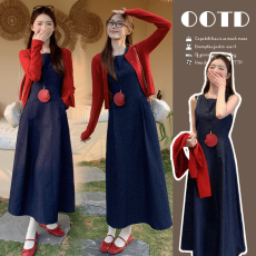 批发2025春夏复古无袖设计背心牛仔孕妇<b class='q'>连衣裙</b>缕空开衫套装