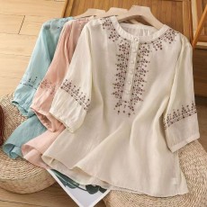 批发复古棉麻衬衫女五分<b class='q'>袖</b>春夏新款亚麻小衫宽松遮肚<b class='q'>上衣</b>妈妈刺绣衬衣