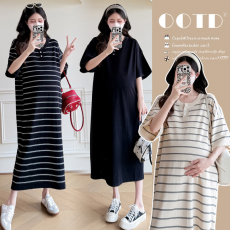 批发实拍孕妇装2026夏装新款条纹大码针织宽松<b class='q'>显瘦</b>气质中长款连衣裙