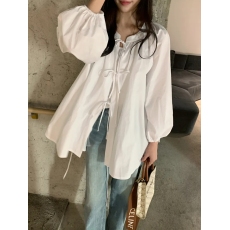 批发chic 韩国春季小众立领蝴蝶结系带灯笼袖叠穿百搭防晒开<b class='q'>衫</b>上衣