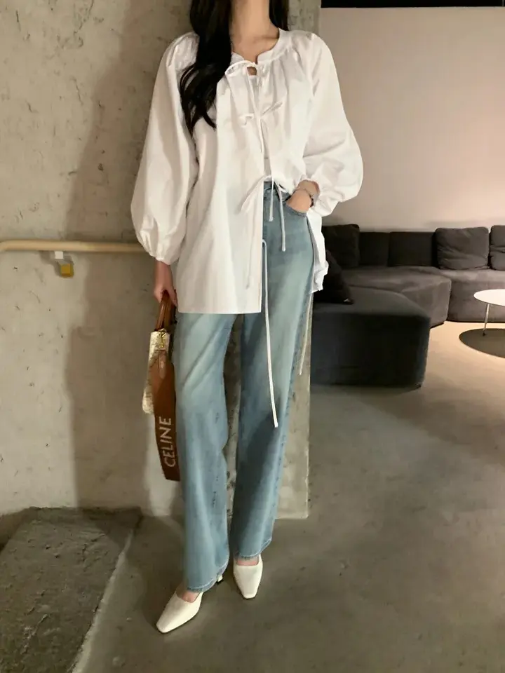 스탠드 칼라 리본 타이 퍼프소매 가디건 상세 이미지 1