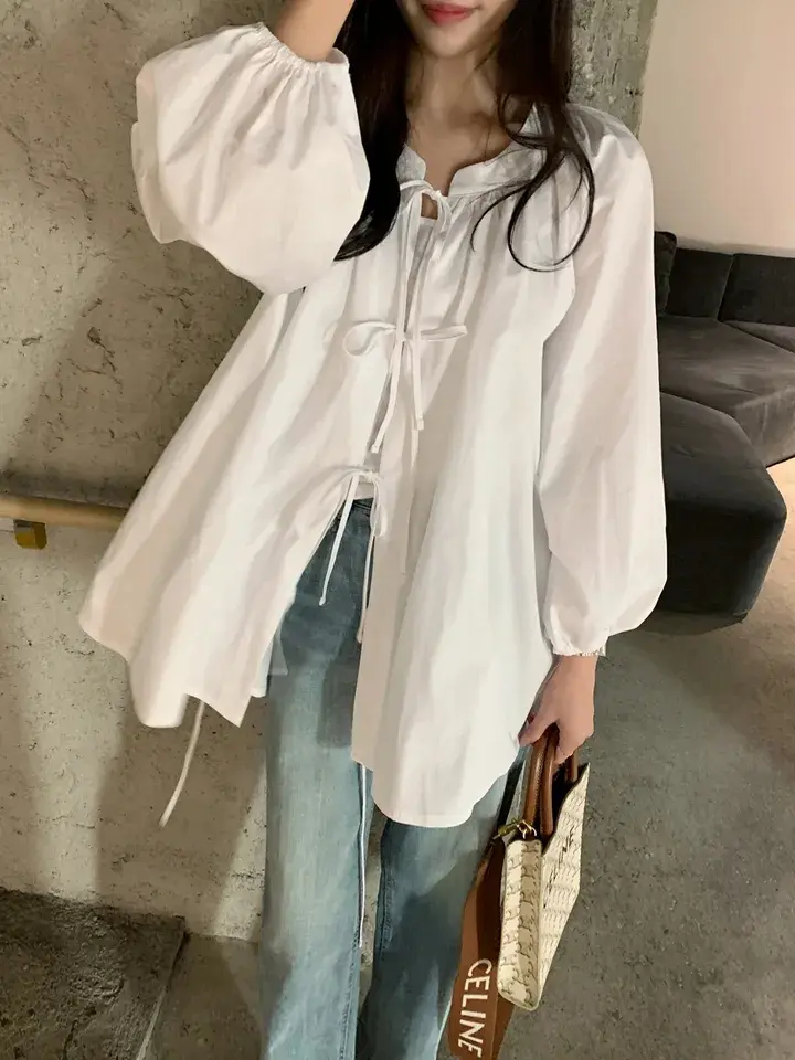 스탠드 칼라 리본 타이 퍼프소매 가디건 상세 이미지 3