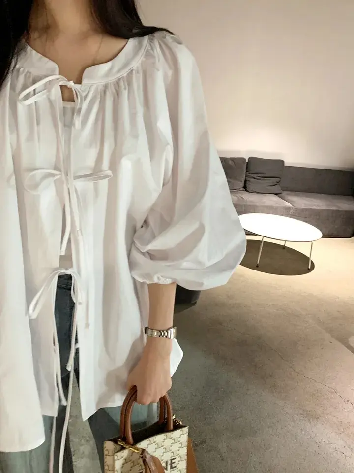 스탠드 칼라 리본 타이 퍼프소매 가디건 상세 이미지 4