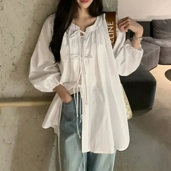 스탠드 칼라 리본 타이 퍼프소매 가디건 상세 이미지 6
