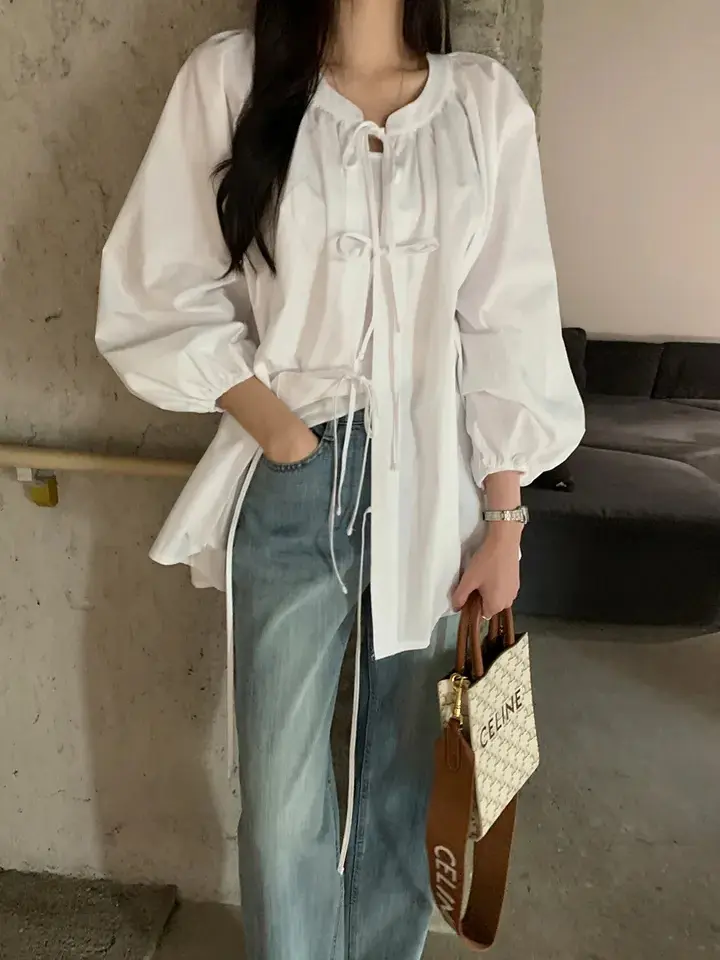 스탠드 칼라 리본 타이 퍼프소매 가디건 상세 이미지 7