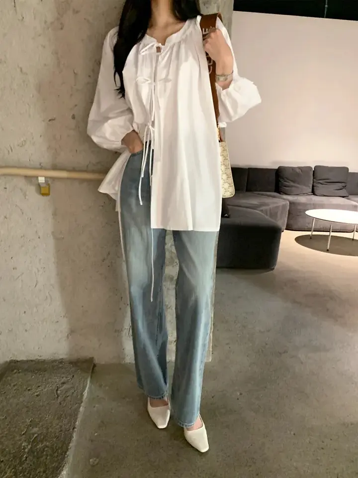 스탠드 칼라 리본 타이 퍼프소매 가디건 상세 이미지 8