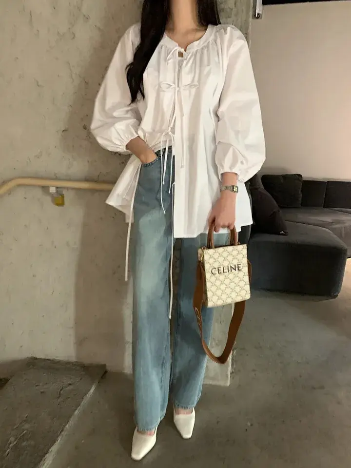 스탠드 칼라 리본 타이 퍼프소매 가디건 상세 이미지 9