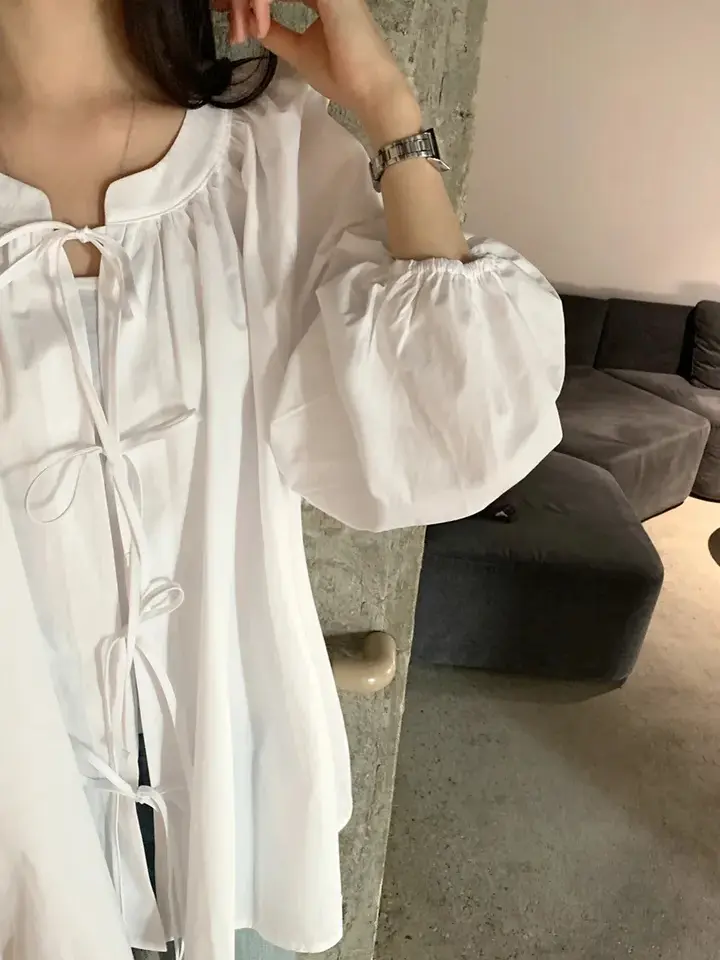 스탠드 칼라 리본 타이 퍼프소매 가디건 상세 이미지 11