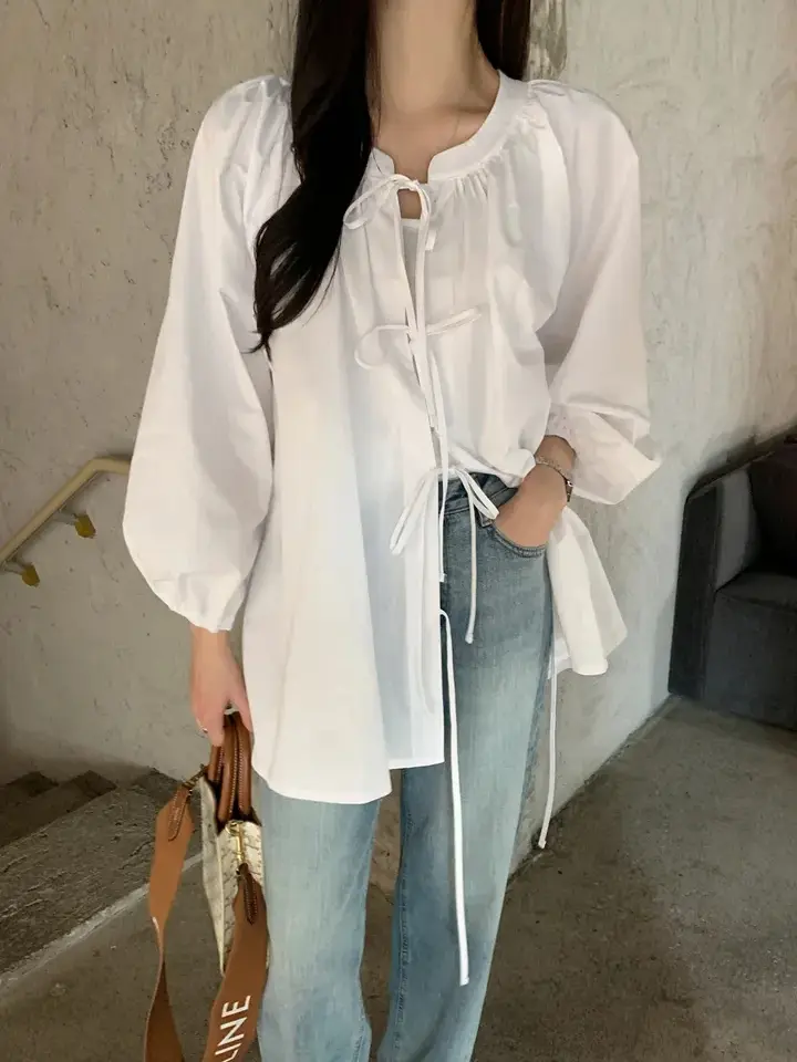 스탠드 칼라 리본 타이 퍼프소매 가디건 상세 이미지 12