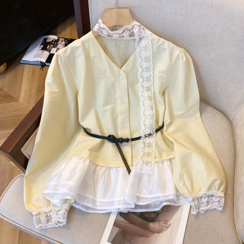 MY6288# 拾叁法式v领单排扣配腰带飘带小衫甜美减龄气质上衣女女裝貨源服裝批發