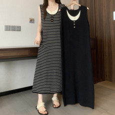 批发实拍<b class='q'>大码</b>女装胖MM春季时尚撞色假两件u领背心裙设计感打底长裙