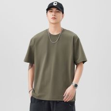 批发实拍260g纯色短袖t恤男功能面料宽松百搭圆领五分袖体恤潮流简约