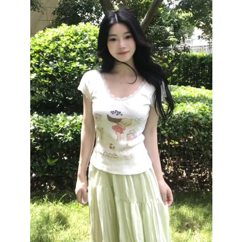 MY1935# 原版面料蕾丝花边卡通印花女圆领修身上衣女裝貨源服裝批發