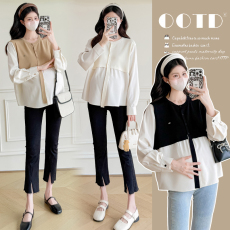 批发实拍新款2025孕妇装秋装宽松条纹上衣拼接设计感假两件衬衫娃娃衫