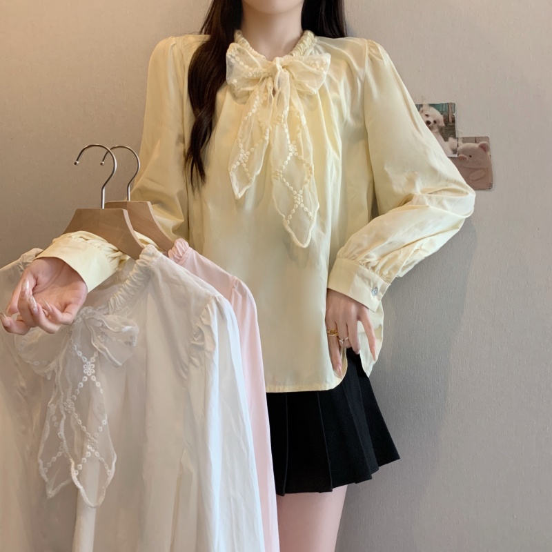 MY2770#大码女装新款胖MM韩系简约气质显瘦蕾丝丝巾衬衫女裝貨源服裝批發