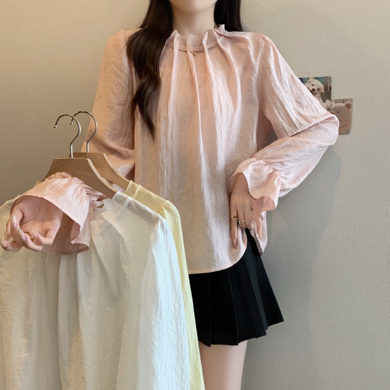 MY2771#大码女装春季新款胖MM韩系设计感压褶抽绳甜美显瘦衬衫女裝貨源服裝批發