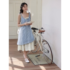 批发2025年早夏新款<b class='q'>日系</b>软妹法式撞色格子拼接假两件吊带<b class='q'>连衣裙</b>现货