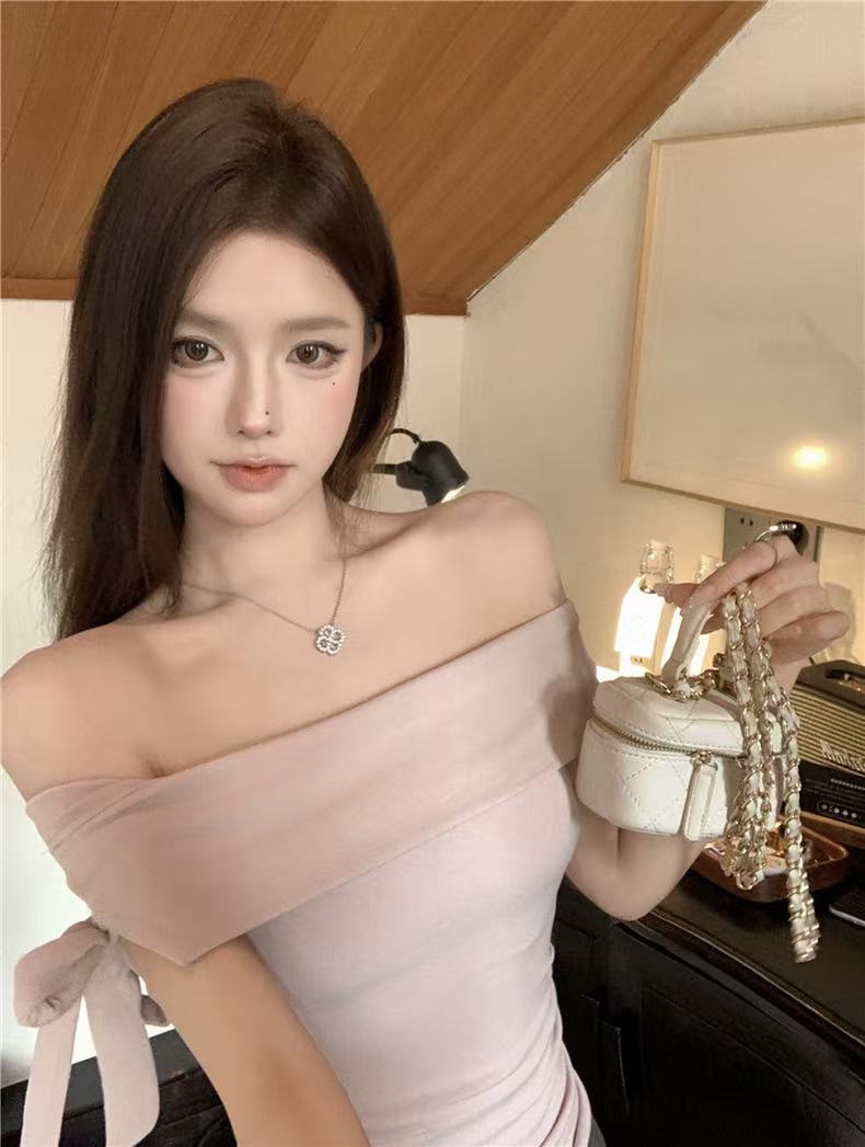 정가 실사 한 부서 오프숄더 나비 매듭 한 스타일 법 바람 몸매 가꾸기 품격 반팔
