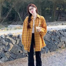 批发多巴胺黄色格子<b class='q'>衬衫</b>外套女春秋2026新款美式复古叠穿<b class='q'>衬衣</b>宽松上衣