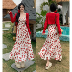 批发实拍玫瑰花吊带连衣裙开衫两件套2026春新款微胖大码收腰碎花长裙