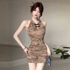 批发复古改良旗袍无袖挂脖新中式国风连衣裙性感修身显瘦包臀短裙<b class='q'>夏</b>季