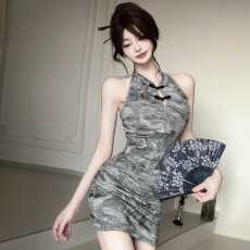 批发复古改良旗袍无袖挂脖新中式国风连衣裙性感修身显瘦包臀短裙<b class='q'>夏</b>季