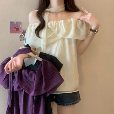 批发法式一字肩挂脖紫色雪纺短袖衬衫女夏季大码胖mm茶里茶气露肩上衣