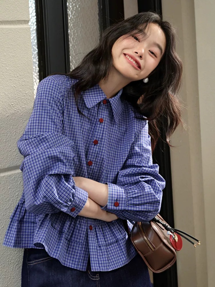MY14244# 阔色miu系蓝色格子衬衫新款荷叶边长袖衬衣上衣短款秋女裝...