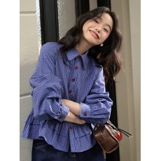 批发阔色miu系蓝色格子<b class='q'>衬衫</b>女2025春季新款荷叶边长袖<b class='q'>衬衣</b>上衣短款秋